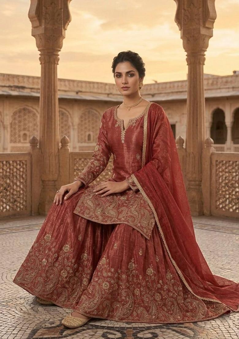 Dark Orange Embroidered Crunchy Kurta Set - Indya