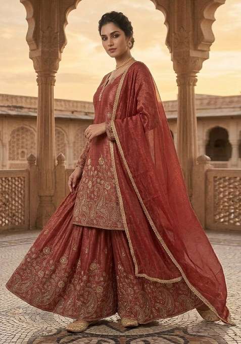 Dark Orange Embroidered Crunchy Kurta Set