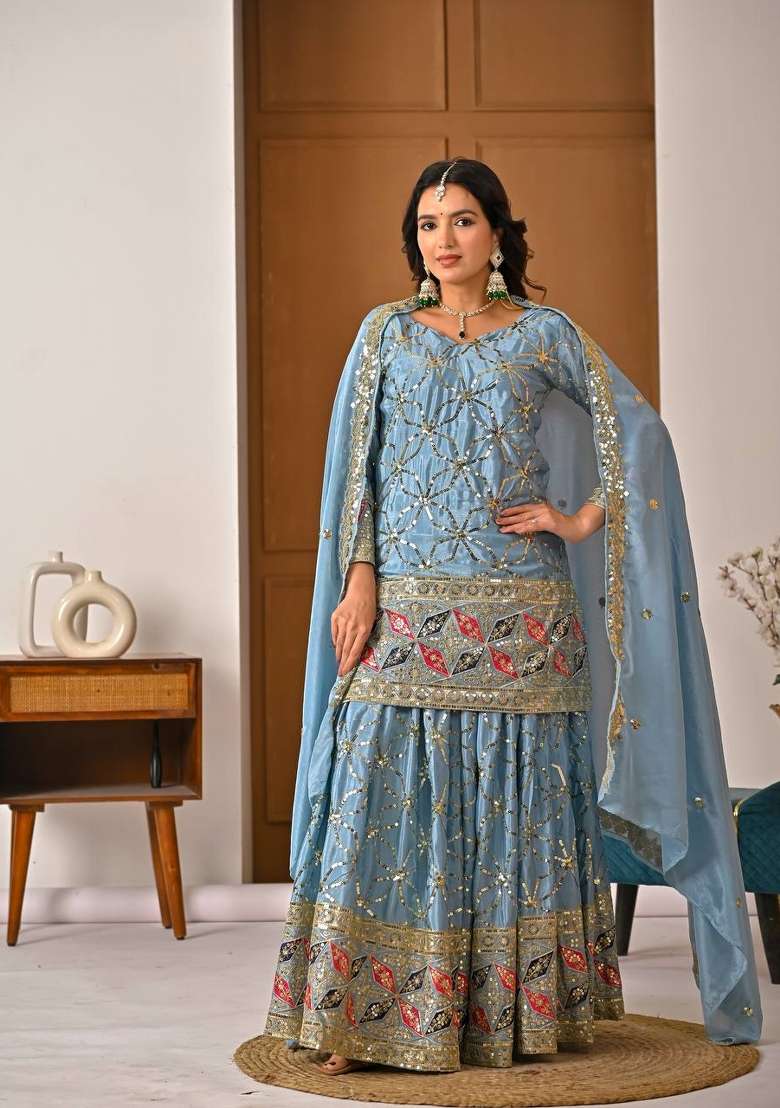 Lite Rama Embroidered Chinon Kurta Set - Indya