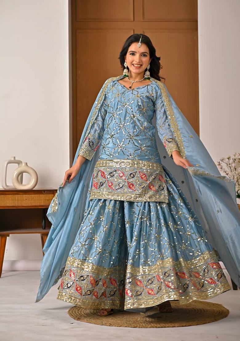 Lite Rama Embroidered Chinon Kurta Set - Indya