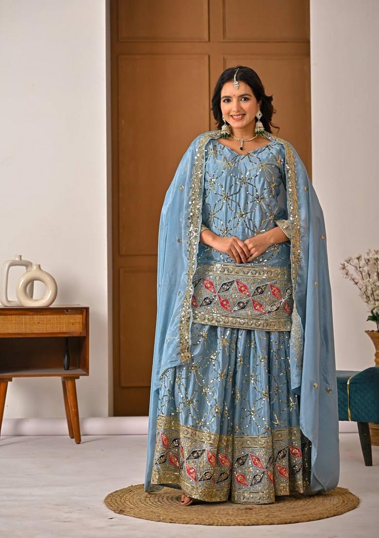Lite Rama Embroidered Chinon Kurta Set - Indya