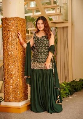 Dark Green Embroidered Georgette Kurta Set