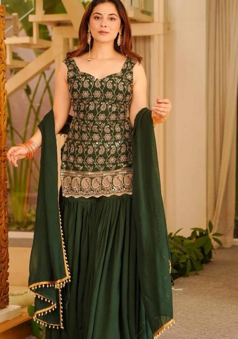 Dark Green Embroidered Georgette Kurta Set - Indya