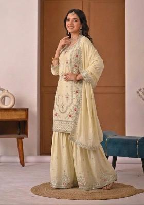 Cream Embroidered Crepe Kurta Set