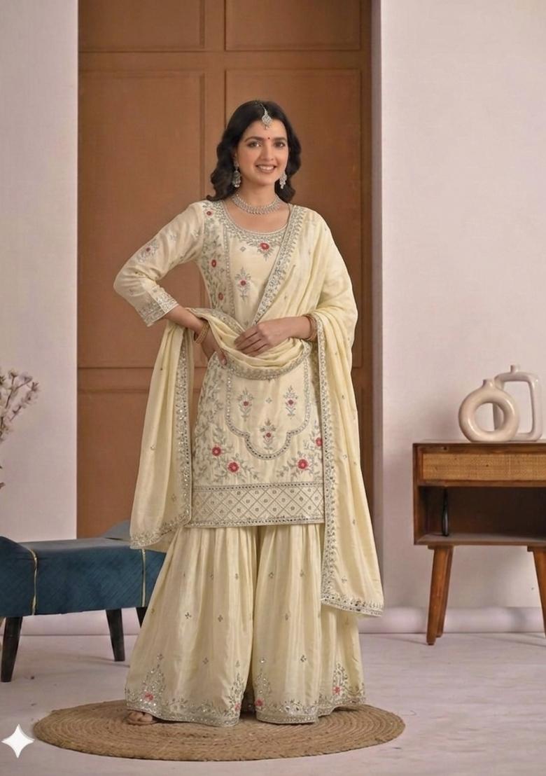 Cream Embroidered Crepe Kurta Set - Indya