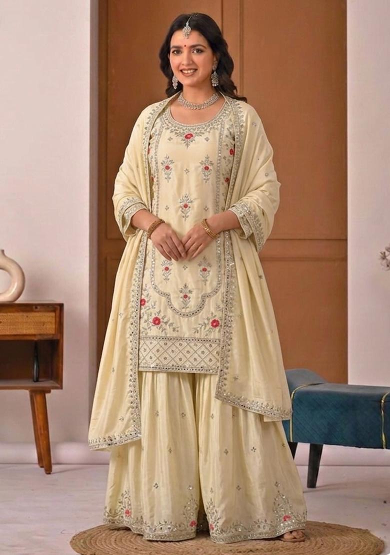 Cream Embroidered Crepe Kurta Set - Indya