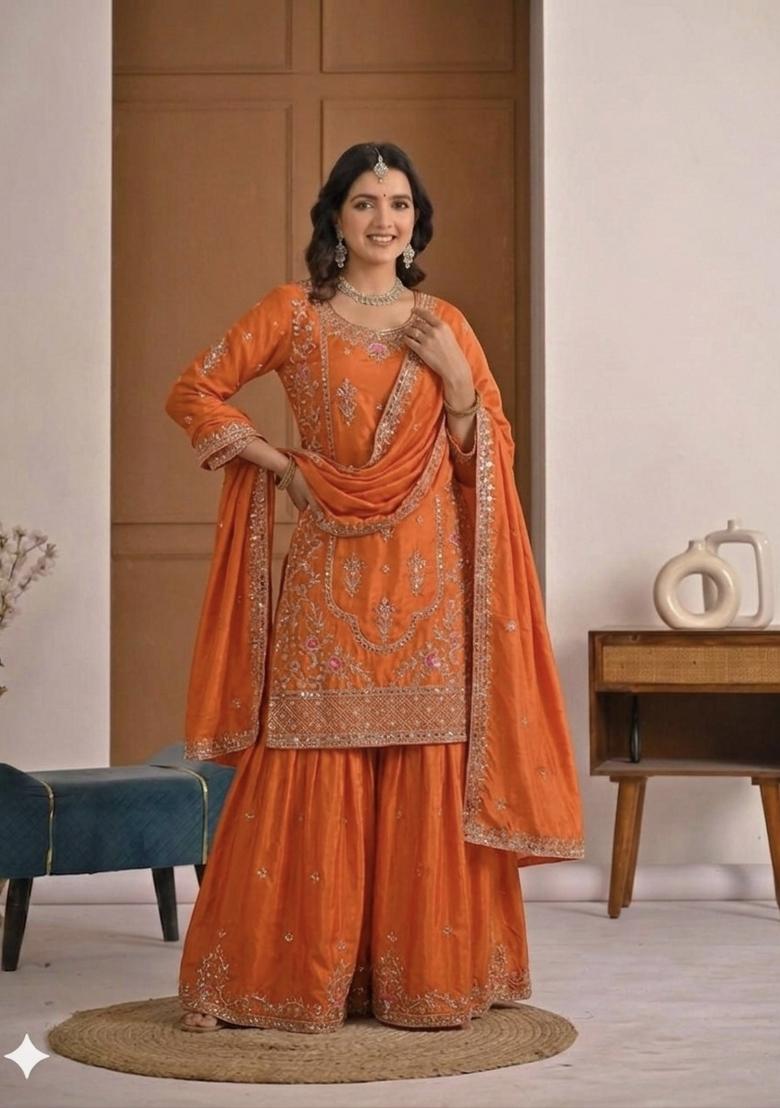 Orange Embroidered Crepe Kurta Set - Indya