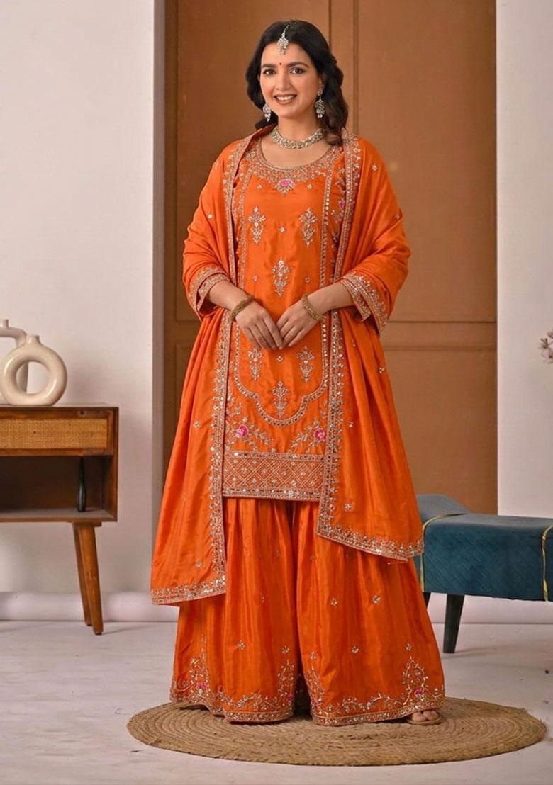 Orange Embroidered Crepe Kurta Set - Indya