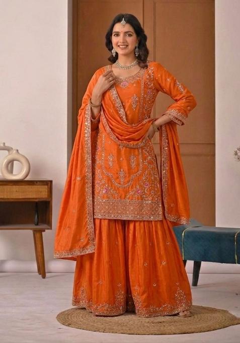 Orange Embroidered Crepe Kurta Set
