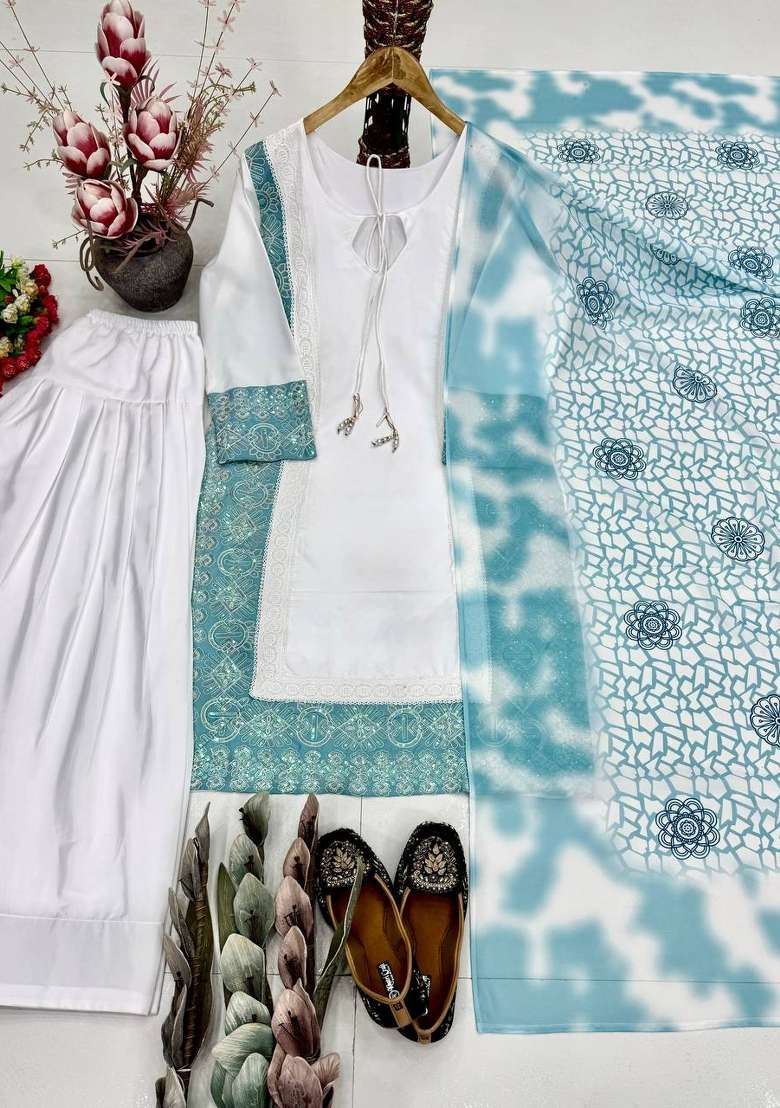 Sky Blue Embroidered Silk Blend Kurta Set - Indya