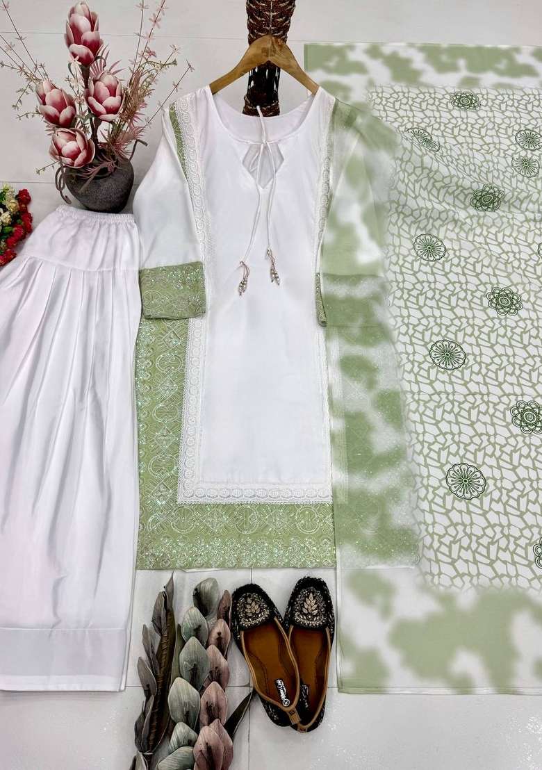 Lite Green Embroidered Silk Blend Kurta Set - Indya