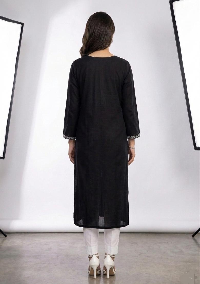 Black Embroidered Rayon Kurta Set - Indya