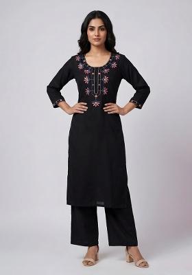 Black Embroidered Rayon Kurta Set