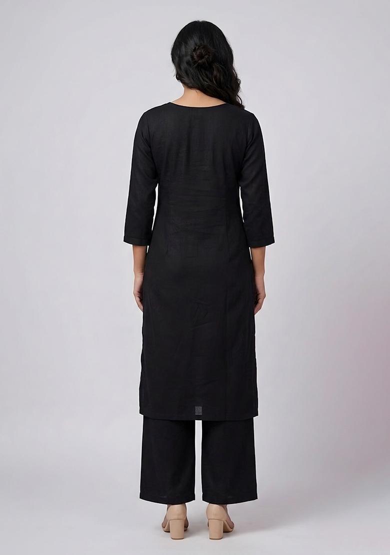 Black Embroidered Rayon Kurta Set - Indya
