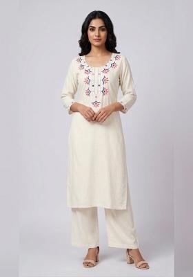 White Embroidered Rayon Kurta Set