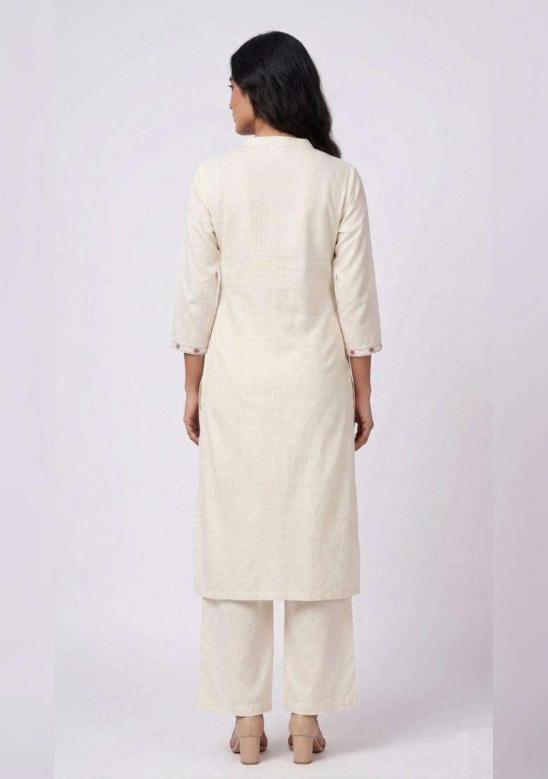 White Embroidered Rayon Kurta Set - Indya