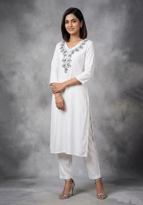White Embroidered Rayon Kurta Set