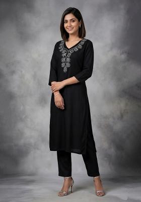 Black Embroidered Rayon Kurta Set