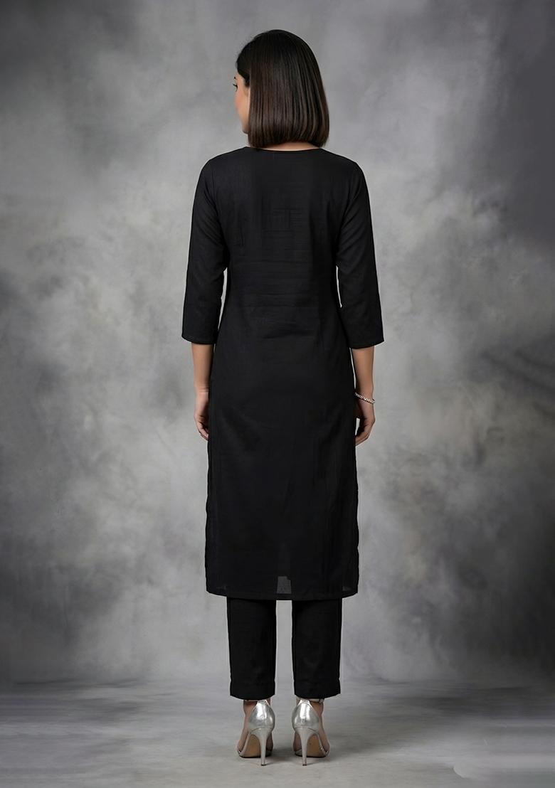 Black Embroidered Rayon Kurta Set - Indya