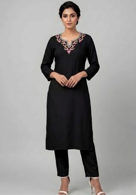 Black Embroidered Rayon Kurta Set