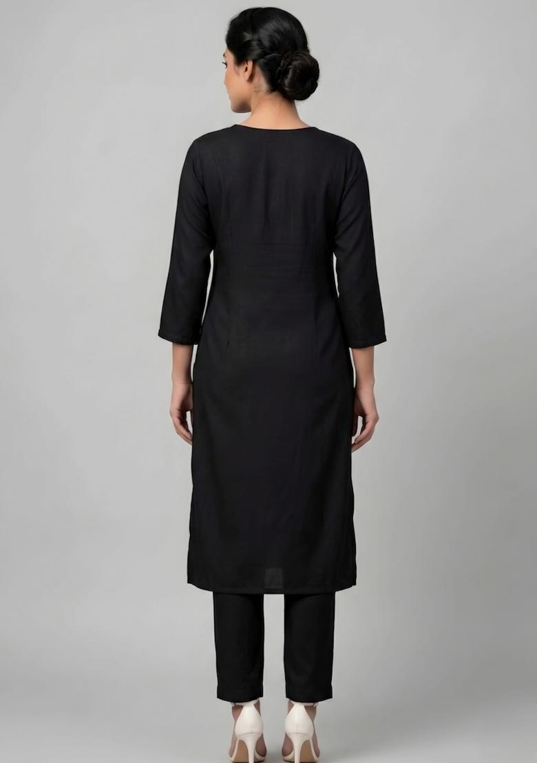 Black Embroidered Rayon Kurta Set - Indya