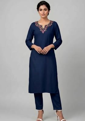 Blue Embroidered Rayon Kurta Set