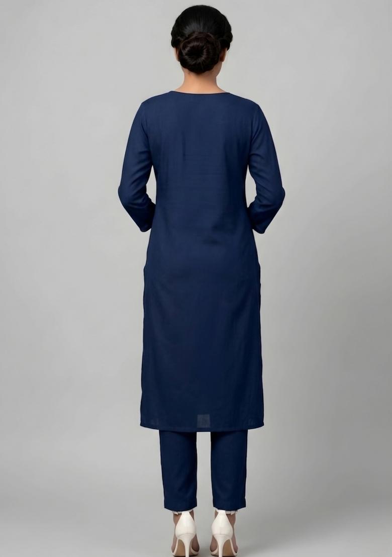 Blue Embroidered Rayon Kurta Set - Indya