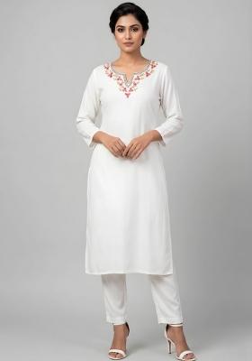 White Embroidered Rayon Kurta Set
