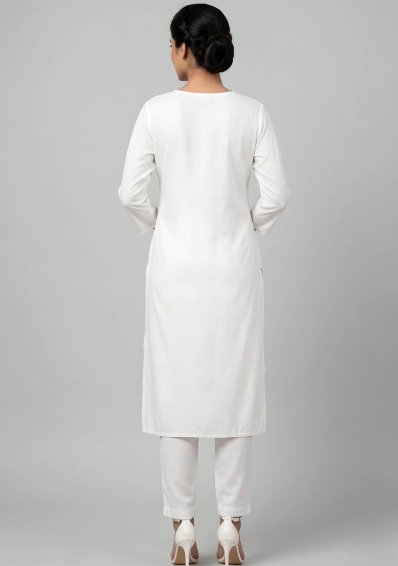 White Embroidered Rayon Kurta Set - Indya