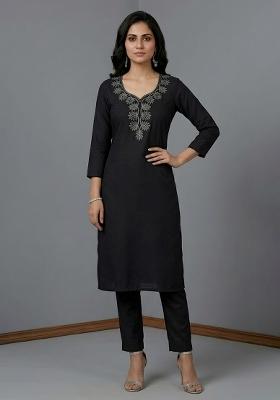 Black Embroidered Rayon Kurta Set
