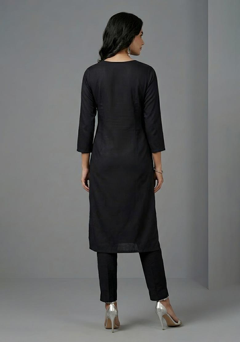 Black Embroidered Rayon Kurta Set - Indya
