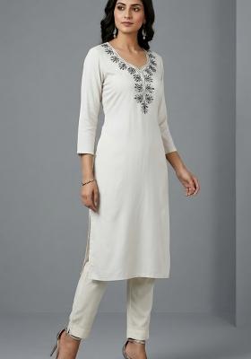 White Embroidered Rayon Kurta Set
