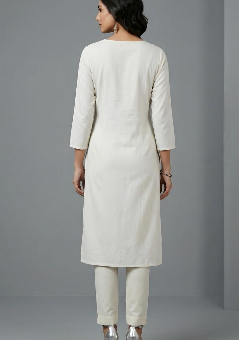 White Embroidered Rayon Kurta Set - Indya