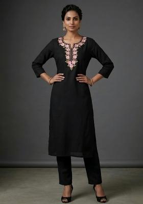 Black Embroidered Rayon Kurta Set