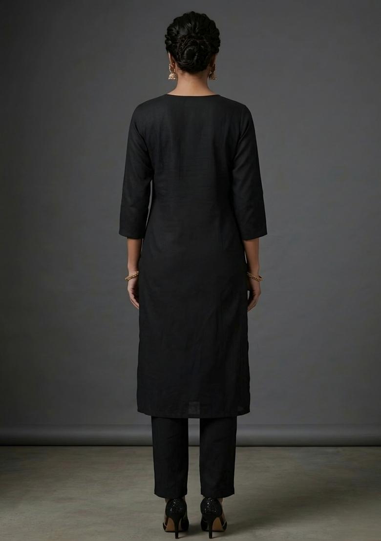 Black Embroidered Rayon Kurta Set - Indya