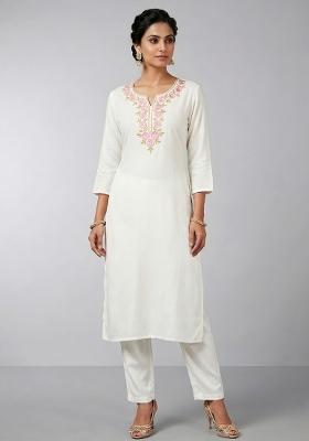 White Embroidered Rayon Kurta Set