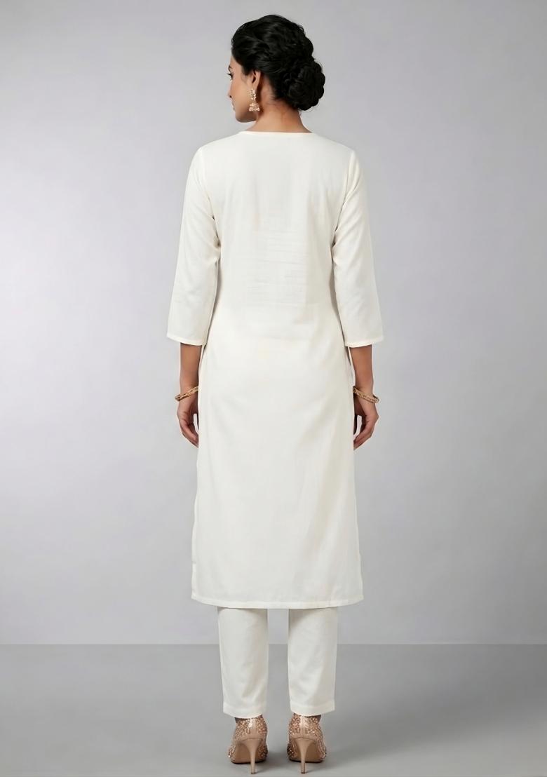 White Embroidered Rayon Kurta Set - Indya