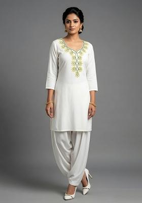 White Embroidered Rayon Kurta Set