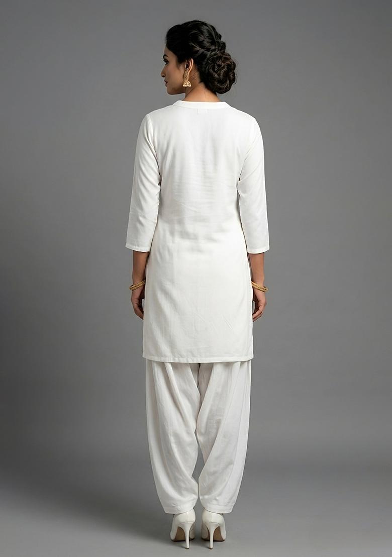White Embroidered Rayon Kurta Set - Indya