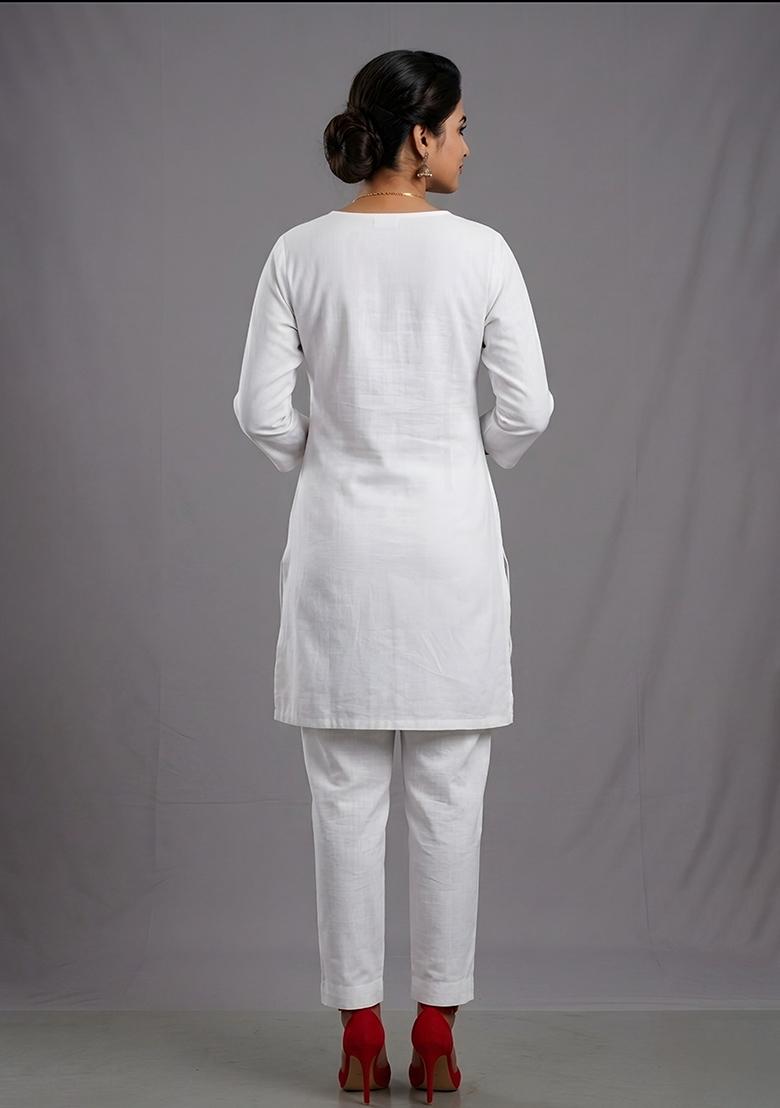 White Embroidered Rayon Kurta Set - Indya