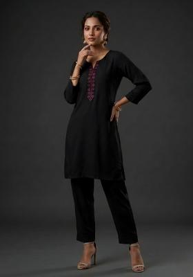 Black Embroidered Rayon Kurta Set