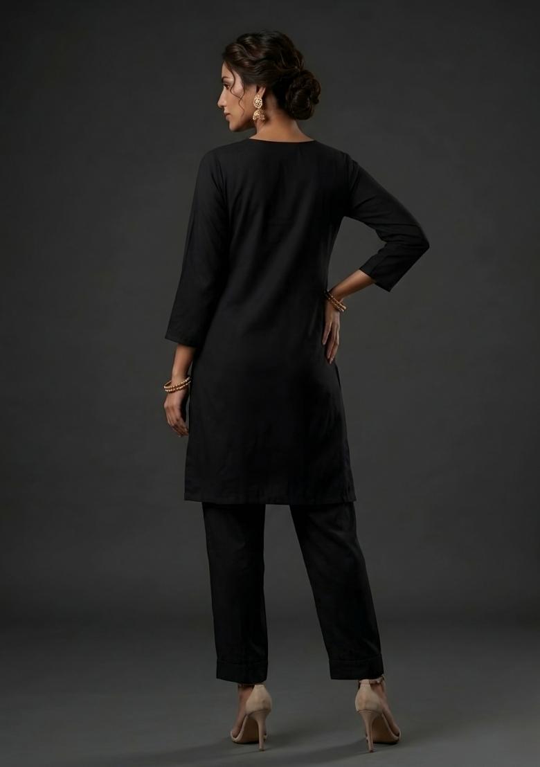 Black Embroidered Rayon Kurta Set - Indya