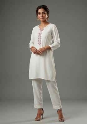 White Embroidered Rayon Kurta Set