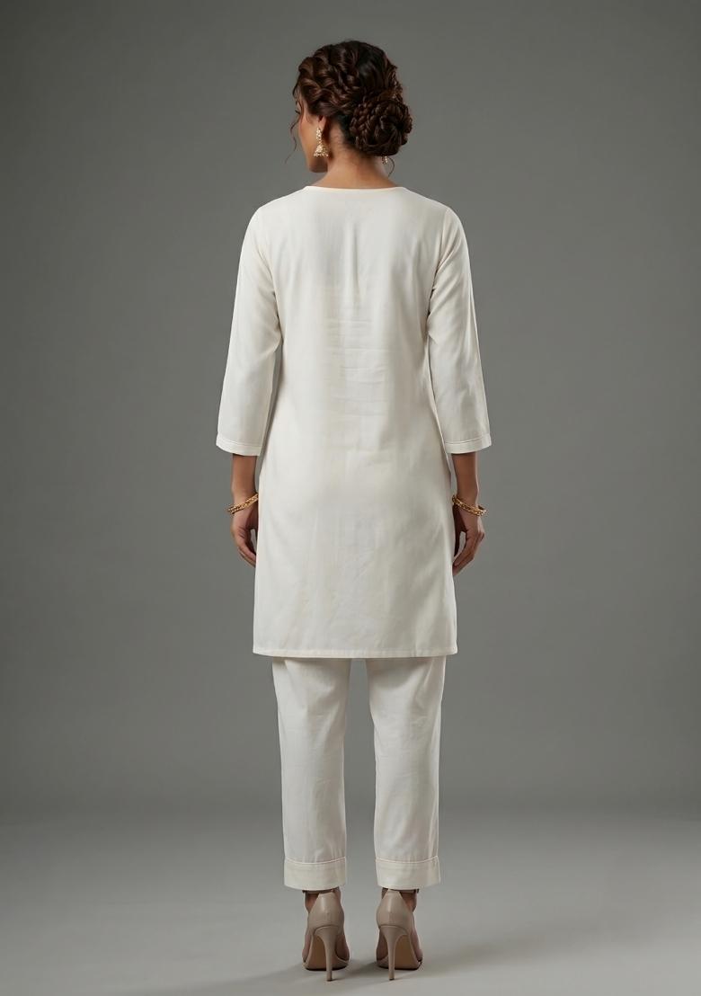 White Embroidered Rayon Kurta Set - Indya