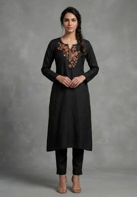 Black Embroidered Rayon Kurta Set
