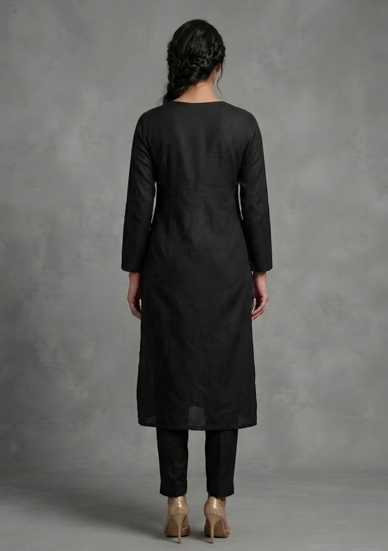 Black Embroidered Rayon Kurta Set - Indya