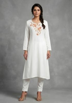 White Embroidered Rayon Kurta Set
