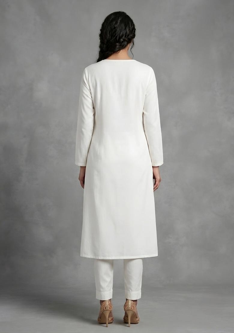 White Embroidered Rayon Kurta Set - Indya