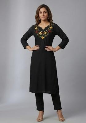 Black Embroidered Rayon Kurta Set