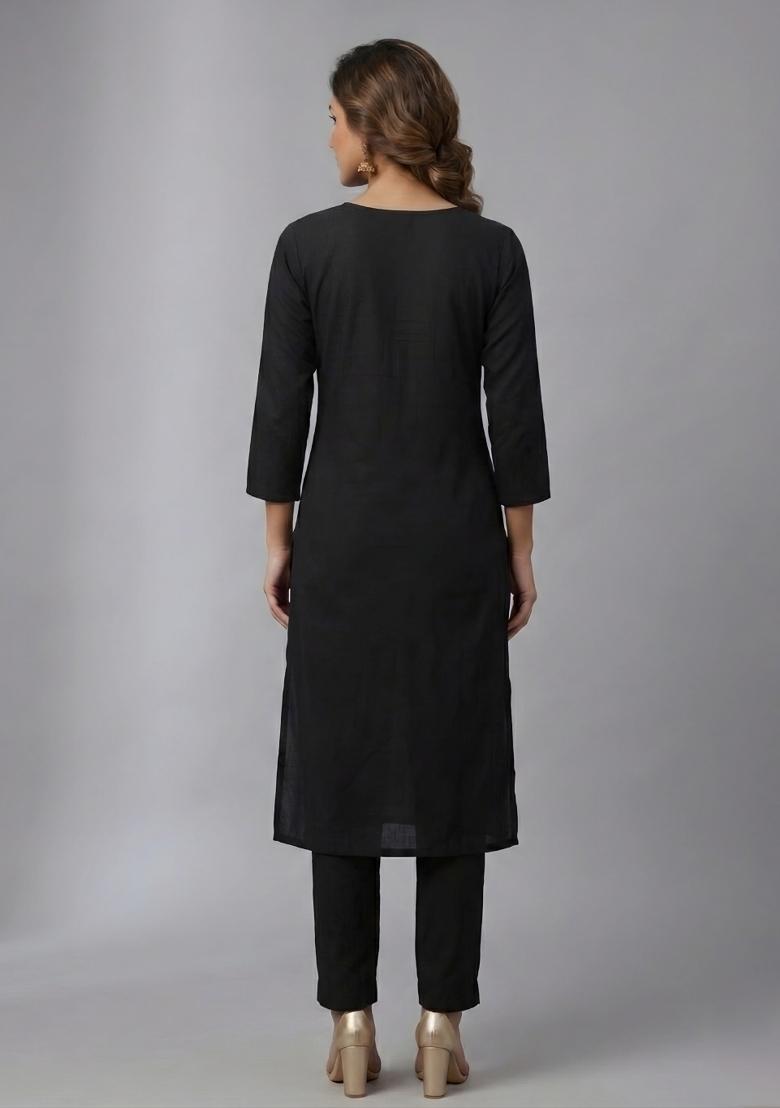 Black Embroidered Rayon Kurta Set - Indya